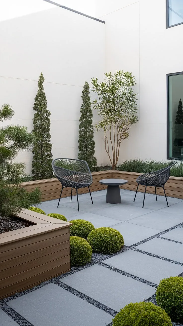 This modern backyard oasis is a testament to clean lines and understated elegance. The grey tile patio, framed by a low wooden fence, offers a tranquil setting for relaxation and enjoyment. A truly inspiring design.