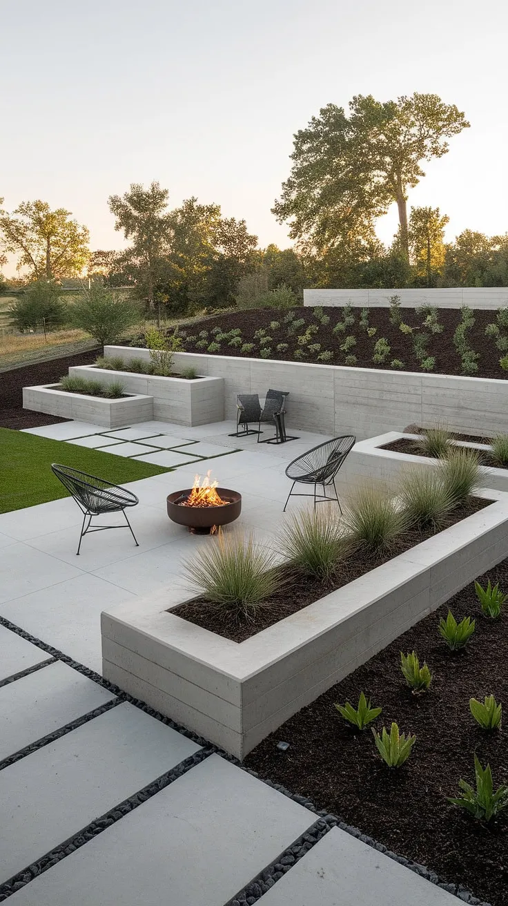A sanctuary of calm awaits. This thoughtfully designed backyard features a minimalist concrete patio, a cozy fire pit for cooler nights, and lush greenery that softens the sharp lines of the architecture. The result? A harmonious space where nature and design coexist beautifully, providing a tranquil retreat from the everyday.