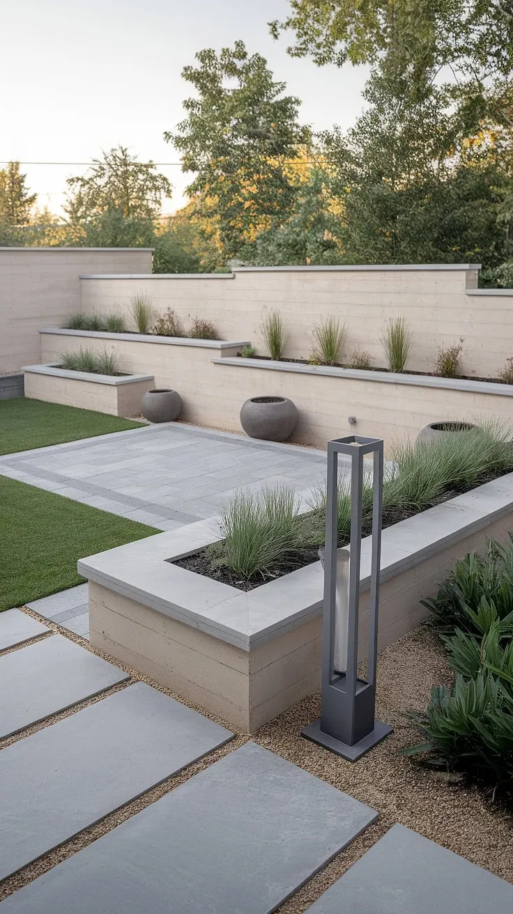 Modern minimalism meets outdoor serenity. The clean lines of the grey paver patio, complemented by the beige concrete wall and thoughtfully placed planters, create a tranquil escape. A perfect blend of form and function for effortless outdoor living.