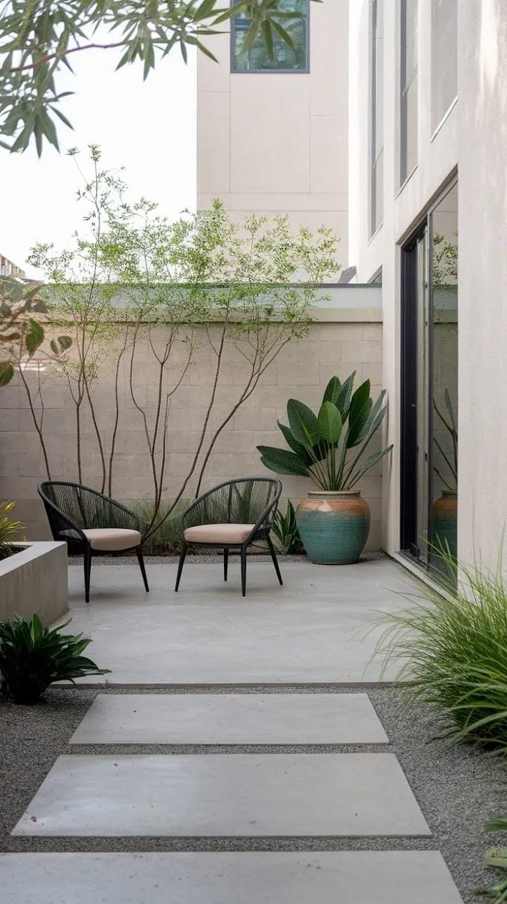 An elegantly crafted outdoor oasis harmoniously blends architectural lines with nature, inviting serene contemplation amidst thoughtfully arranged elements.