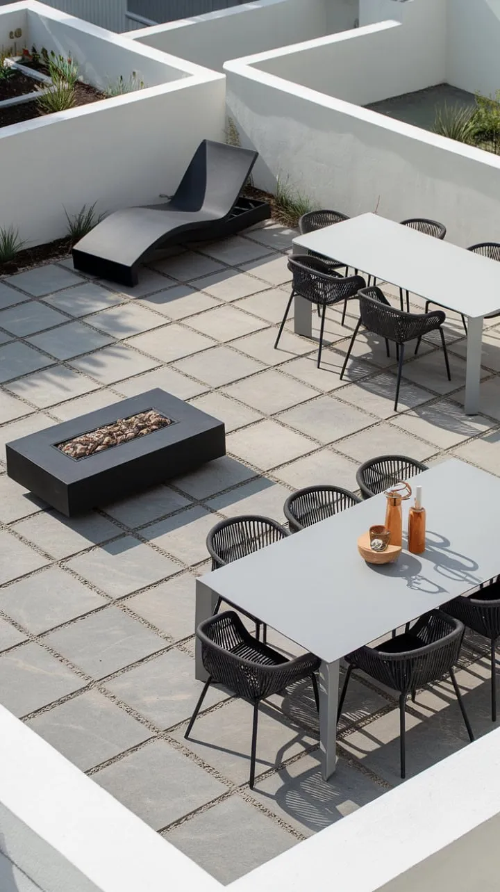 This impeccably designed backyard harmoniously blends clean lines and calming tones with a cozy fire pit, creating an inviting space for both reflection and socializing.