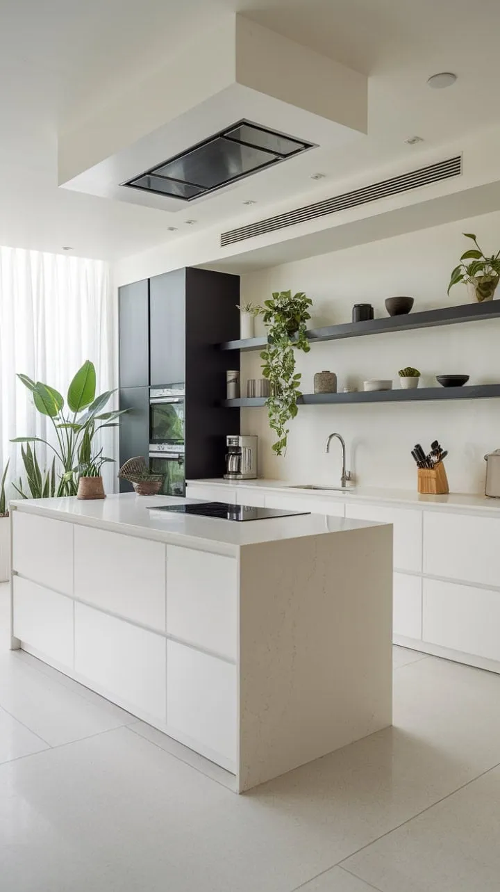 This minimalist kitchen harmoniously blends sleek black and white elements with vibrant greenery, creating a serene and sophisticated modern design.