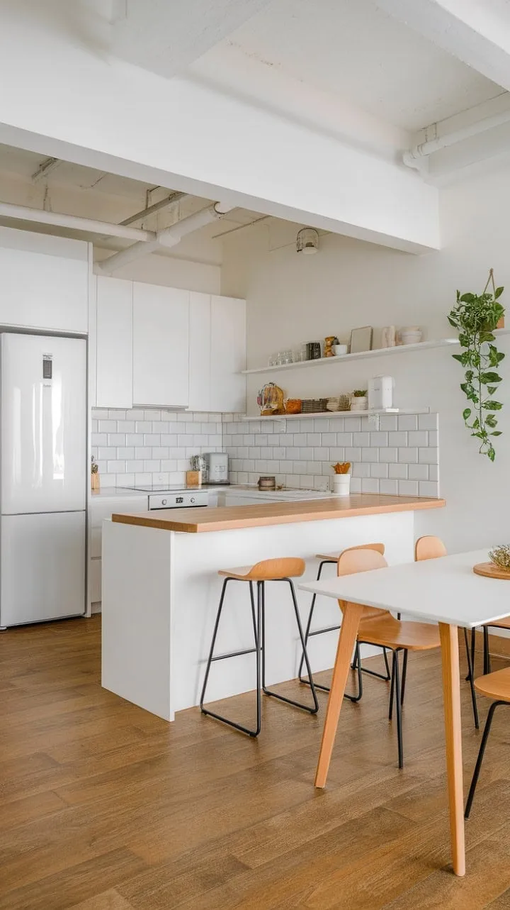 This serene kitchen harmoniously blends minimalist design with warm wood and natural accents, making it the inviting heart of the home.