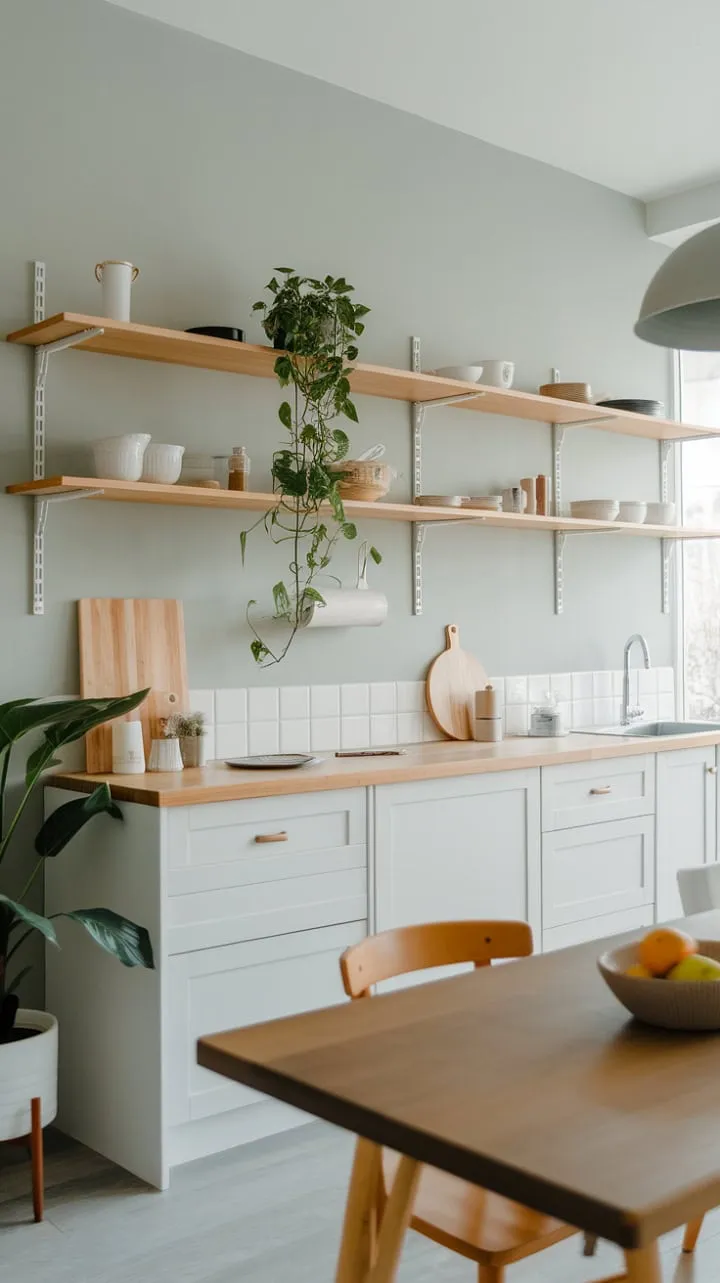 This minimalist kitchen harmoniously blends clean lines, warm wood, and soothing gray tones to create a serene oasis for everyday living.