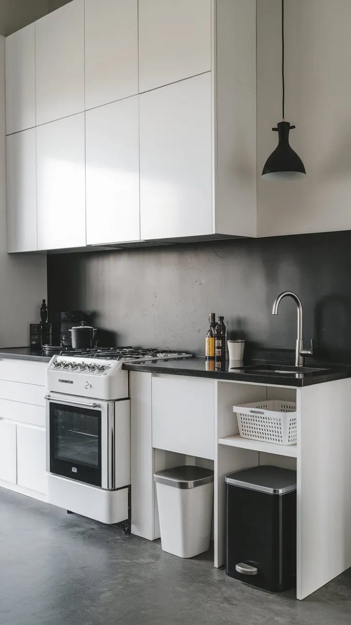 This minimalist kitchen exudes sophistication with its sleek monochromatic design, featuring striking contrasts and a dramatic pendant light that enhances its effortlessly chic vibe.