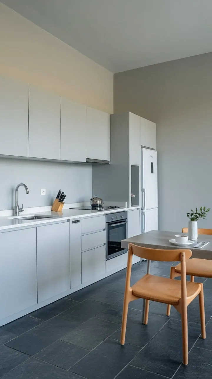 This minimalist kitchen harmoniously blends light grey tones and sleek white cabinetry with a warm wooden table, embodying modern serenity and effortless living.