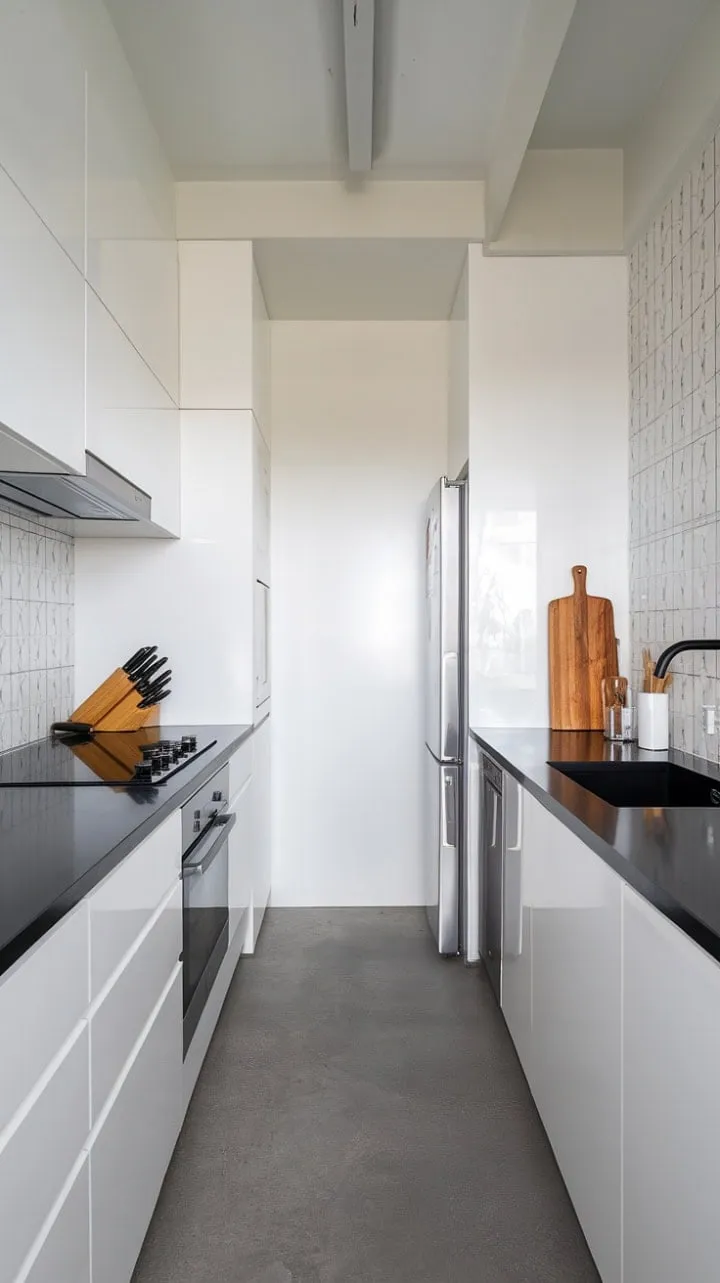 This minimalist kitchen masterfully combines clean lines and dark accents with warm touches, creating a sophisticated yet inviting space that balances functionality and elegance.