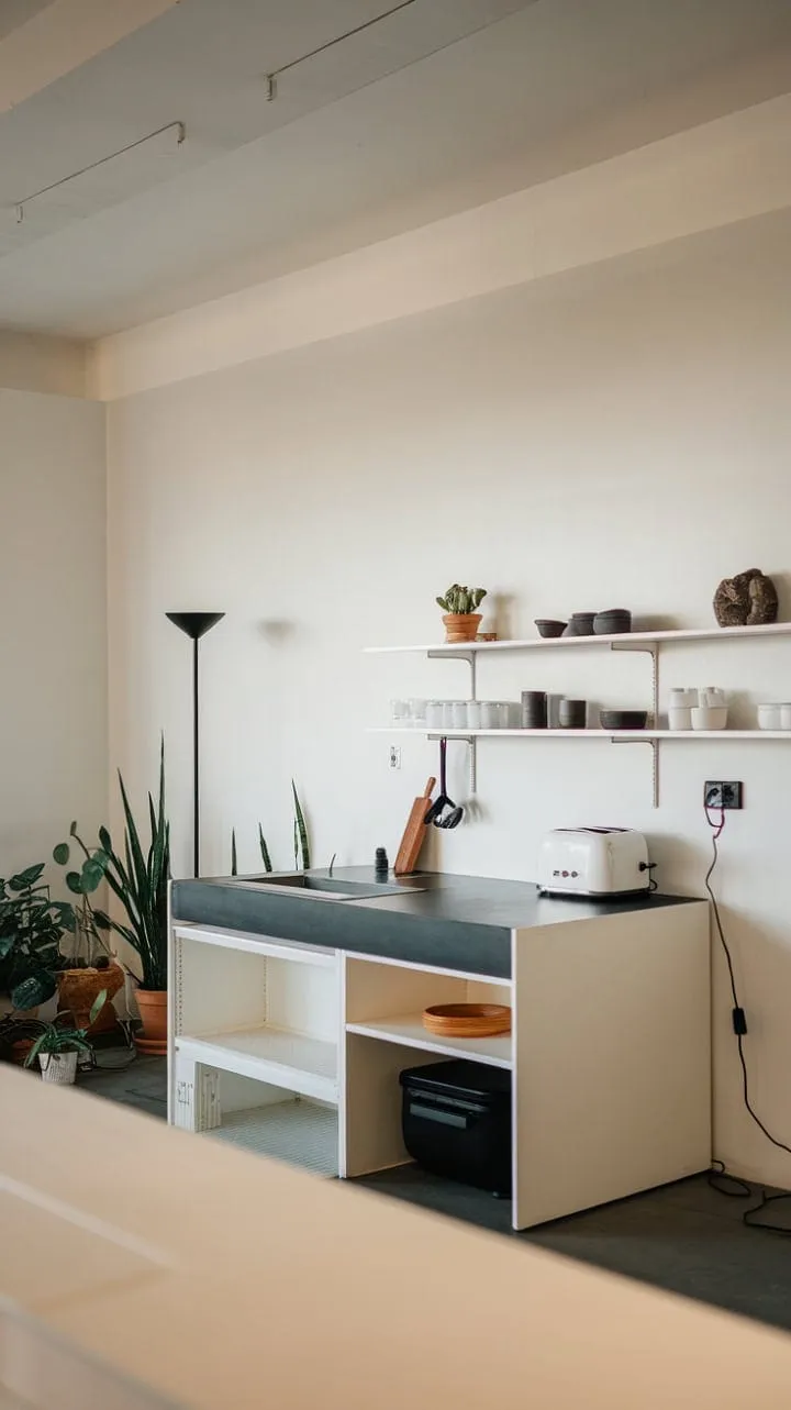 This minimalist kitchen masterfully combines clean lines and functional design with a striking black-and-white palette, showcasing the beauty of simplicity and practicality.