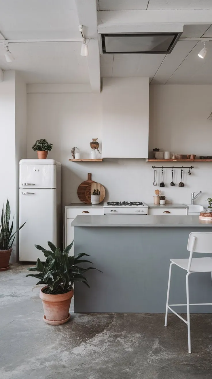 Clean lines and a gray island define this modern minimalist kitchen, accented by white cabinets and subtle pops of greenery.