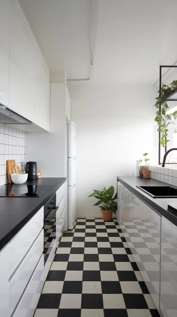 A trendy black and white palette defines this modern minimalist kitchen, accented by pops of greenery.