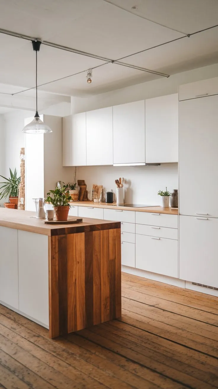 Warm wood accents and clean white cabinetry define this minimalist kitchen's serene aesthetic