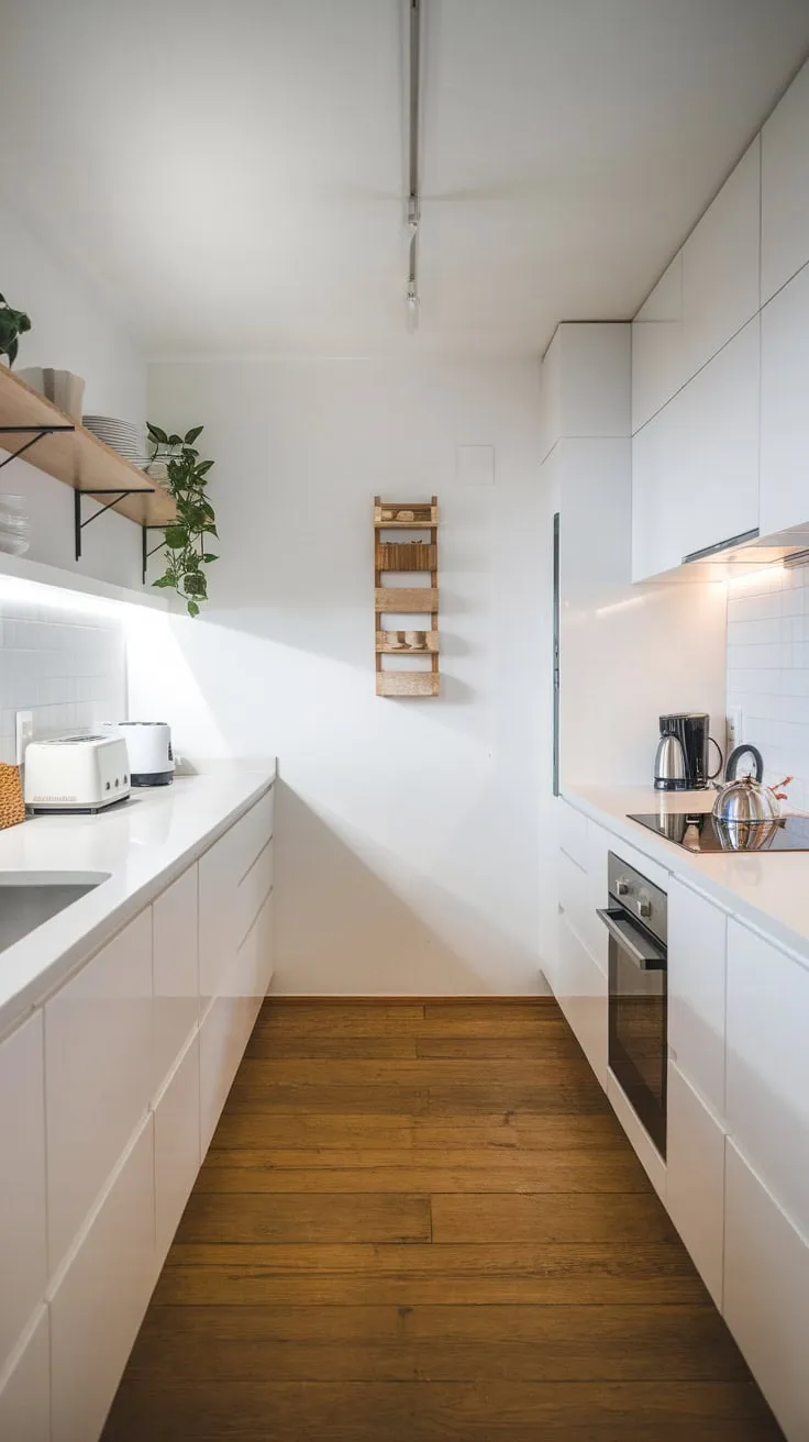 Bright lighting illuminates a sleek modern minimalist kitchen, showcasing white countertops and cabinets, warm wood floors, and minimal, carefully chosen appliances.