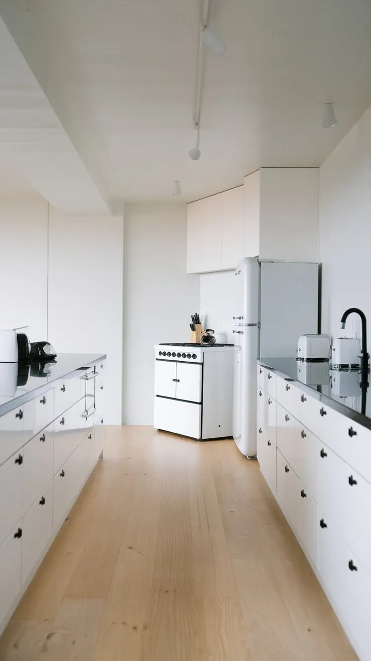A minimalist kitchen design features white appliances and cabinetry contrasted by black accents for a clean and modern aesthetic.