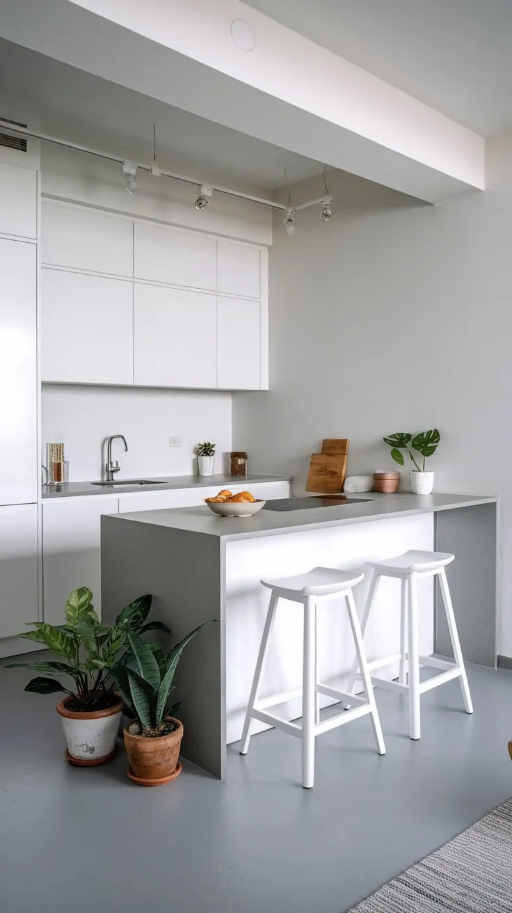 A modern kitchen's monochromatic palette of white and gray is punctuated by natural wood and greenery.