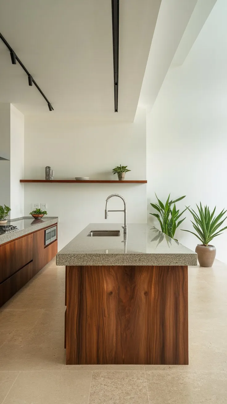 Sleek lines, natural wood, and bright light define this minimalist kitchen's serene aesthetic