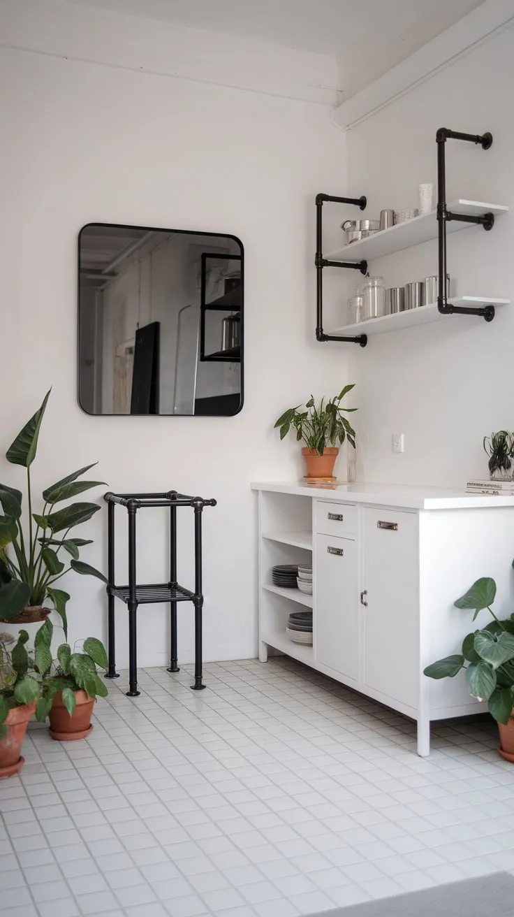 Sleek white cabinetry, black accents, and potted plants create a modern minimalist kitchen haven