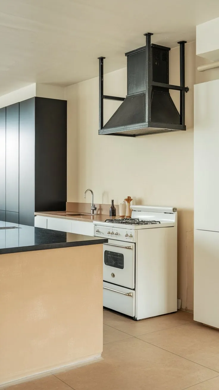 Sleek black and white appliances accent a minimalist beige kitchen island and cabinetry, creating a modern and sophisticated space