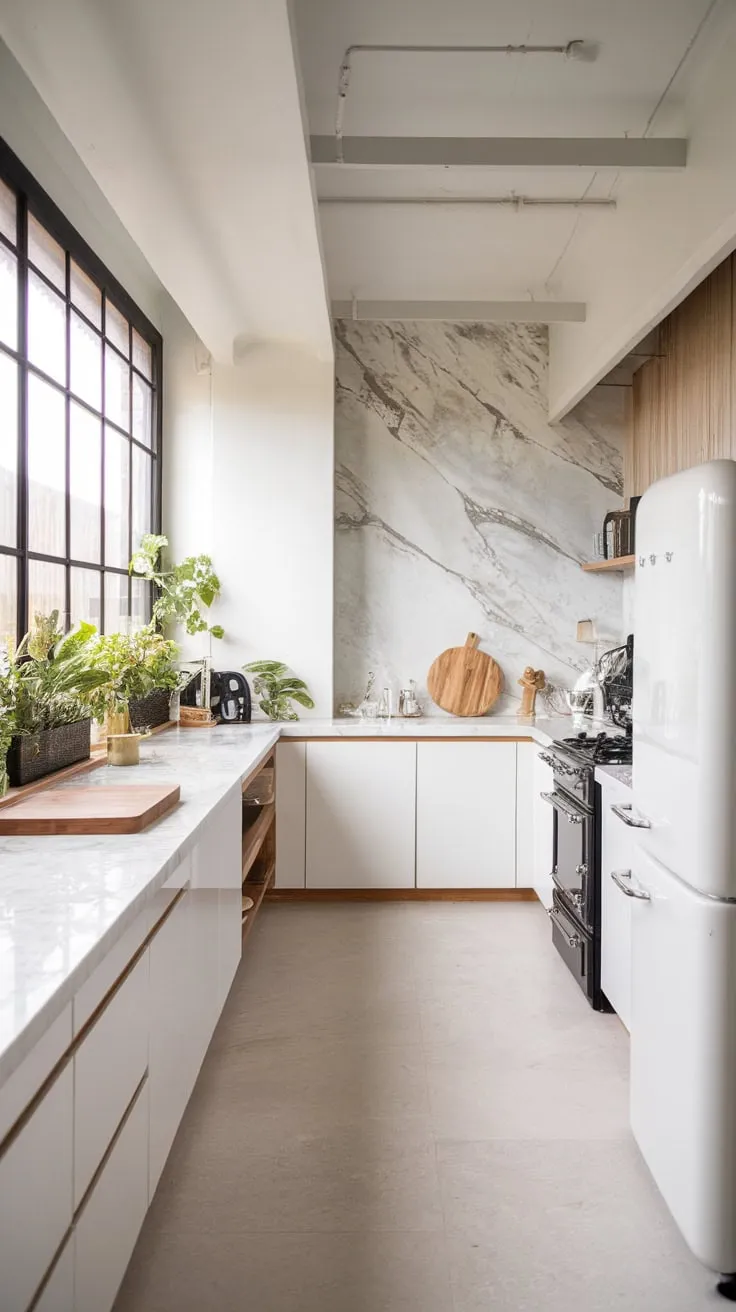 Clean lines and natural light define this minimalist kitchen's stylish and functional design.