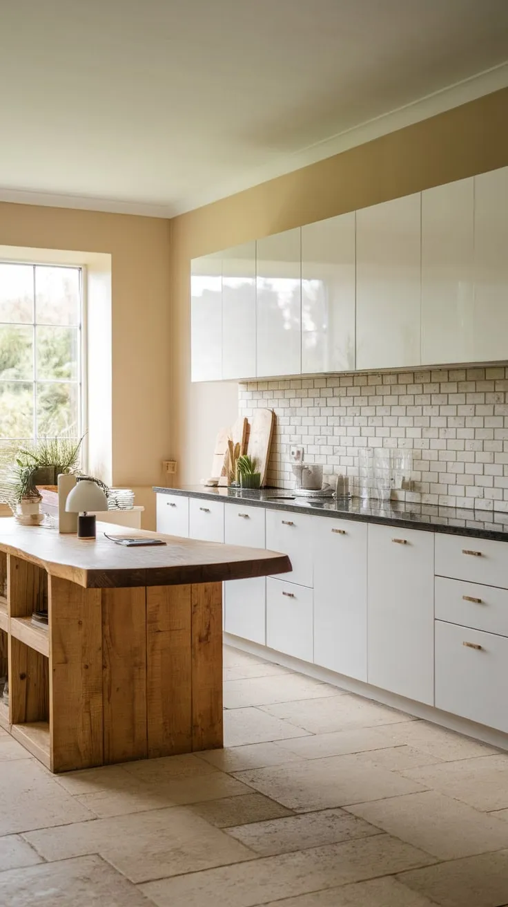 Warm beige tones and black granite countertops highlight a minimalist kitchen's sleek wooden island and verdant window view