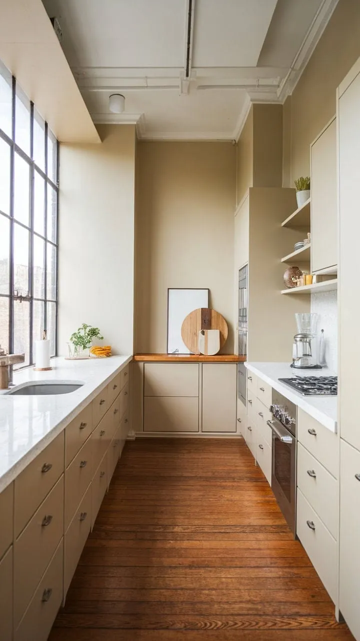 Bathed in sunlight, this minimalist kitchen harmoniously combines sleek design and functionality with a soothing neutral palette and curated details.