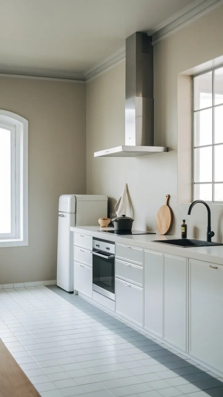 This sleek all-white kitchen, accented by a striking black sink and faucet, embodies sophisticated simplicity, creating an elegant backdrop for culinary creativity.