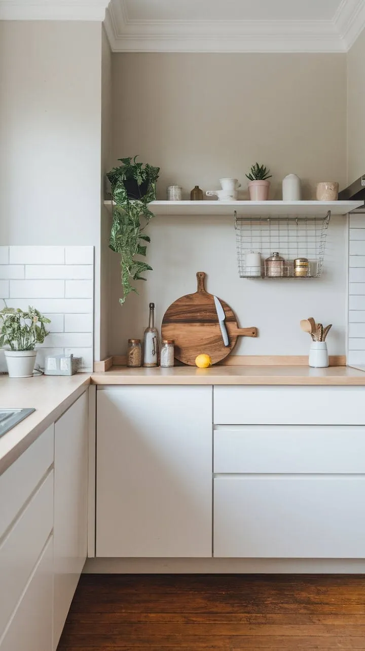In a serene minimalist kitchen, soft light dances on pale grey walls and white countertops, where warm wood accents and a splash of vibrant lemon embody the elegance of simplicity.