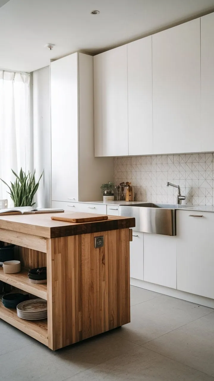 This minimalist kitchen blends clean lines and warm wood with geometric accents, featuring a stylish butcher block island and a lively potted plant for a touch of vibrancy.