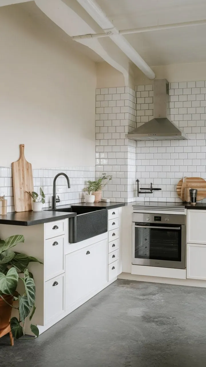 This minimalist kitchen blends sleek black and matte white elements with a touch of greenery, creating a serene and elegant culinary haven.