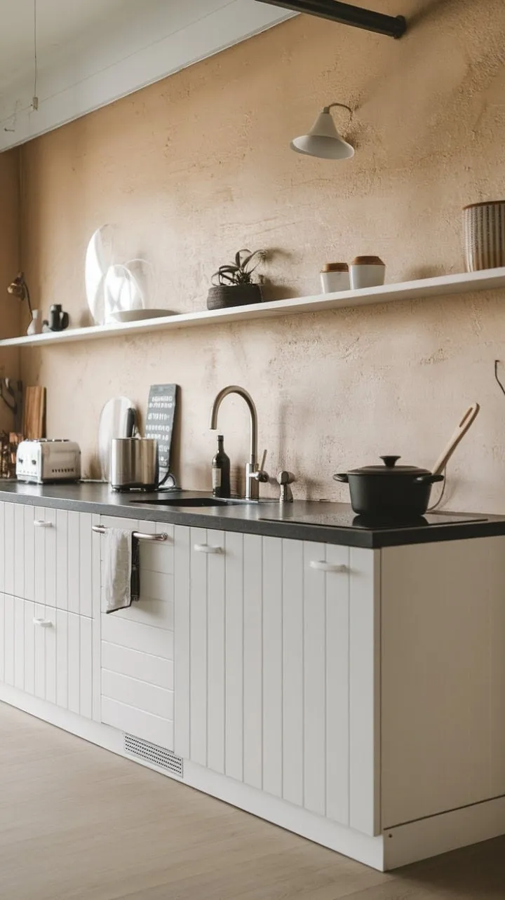 This minimalist kitchen harmonizes black and white with warm wood and textured beige, creating an elegant sanctuary for culinary artistry.