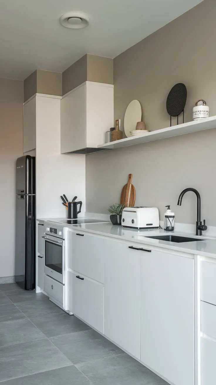 Sleek white cabinetry and contrasting black accents define this minimalist kitchen's modern aesthetic