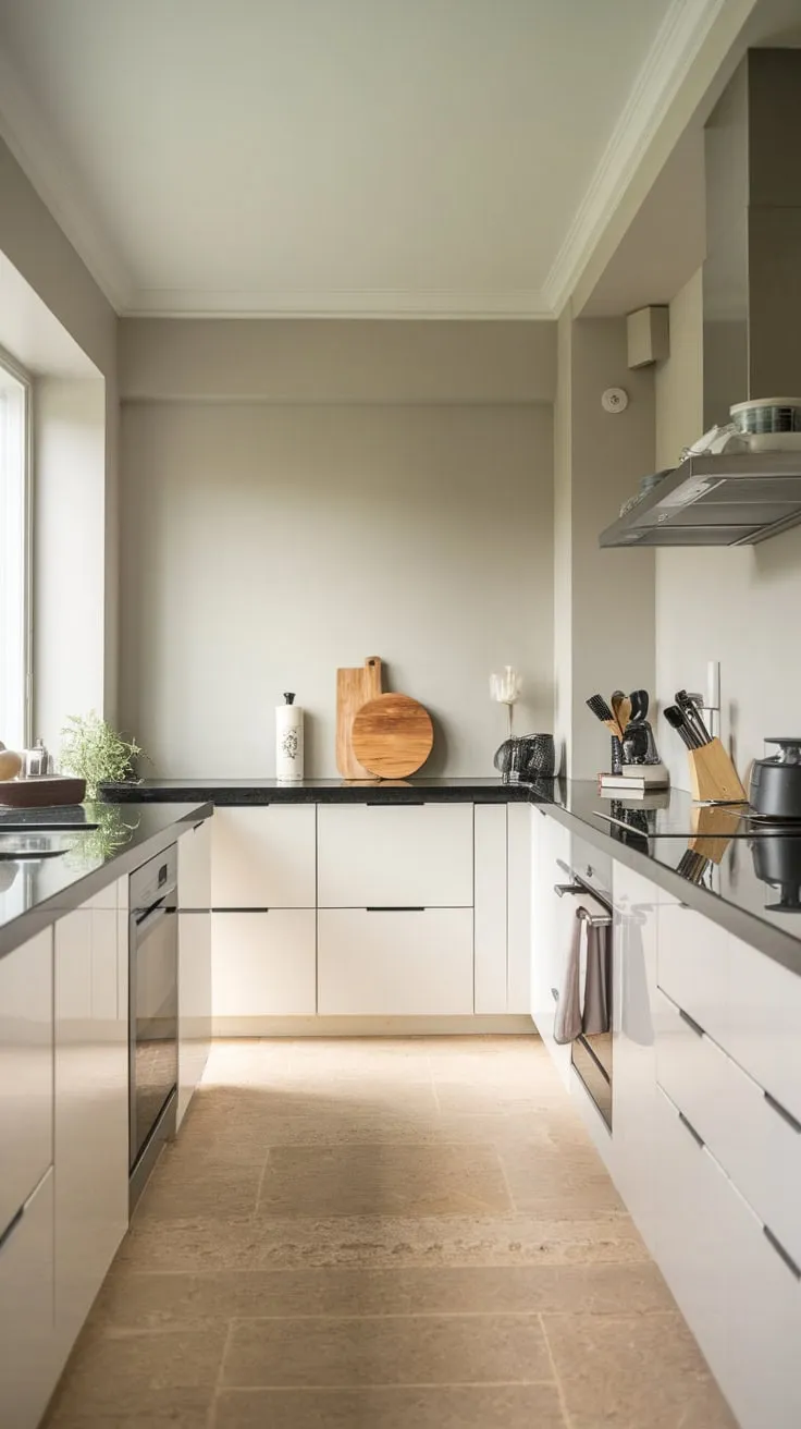 Sunlit grey walls highlight a sleek white and black minimalist kitchen, accented by warm wood and stainless steel.