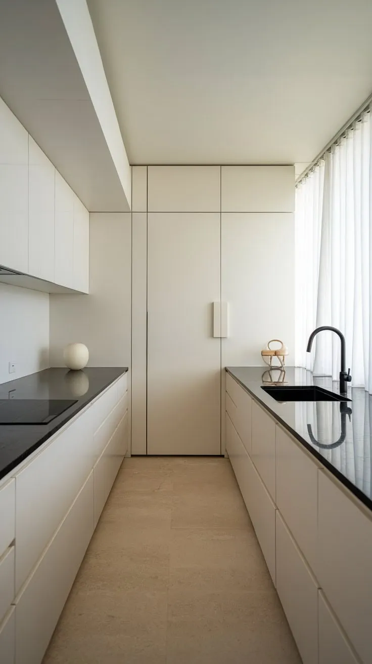 Sleek white cabinets, a black countertop and sink create a modern minimalist kitchen's trendy aesthetic