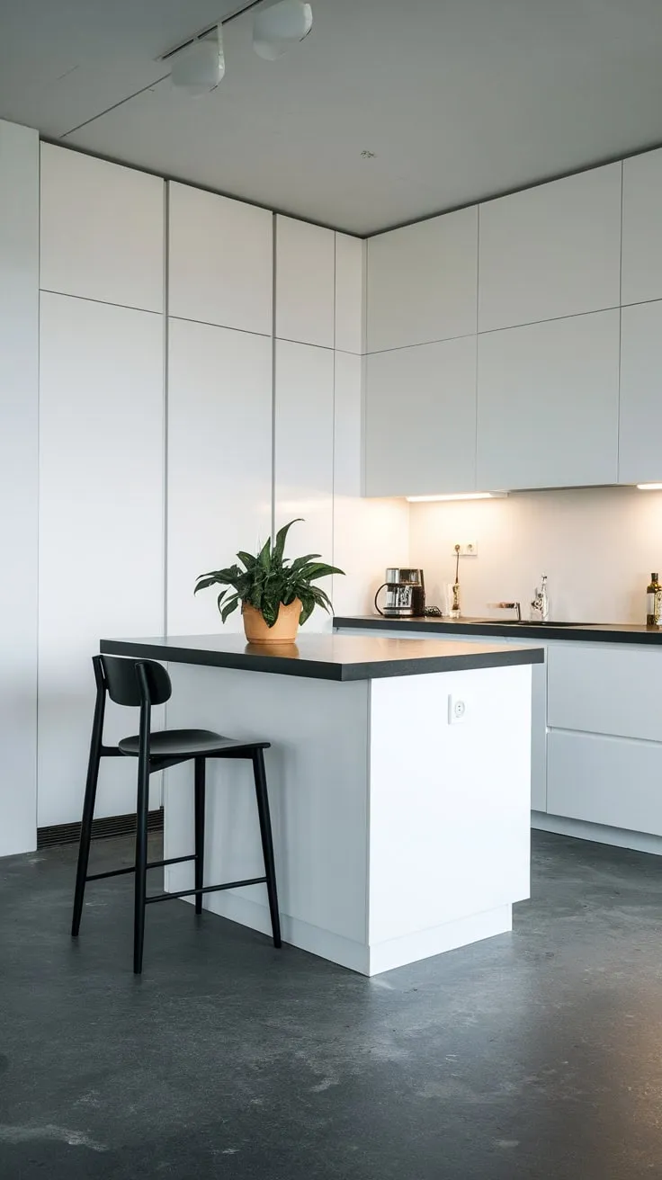 A minimalist kitchen showcases a stark white and black design against a gray concrete floor, punctuated by a single plant.