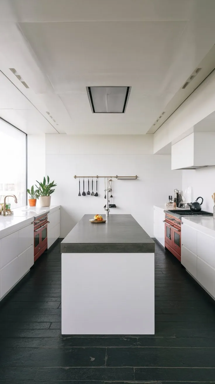 A minimalist kitchen design features a white palette, dark grey accents, and subtle pops of color for a sophisticated space.