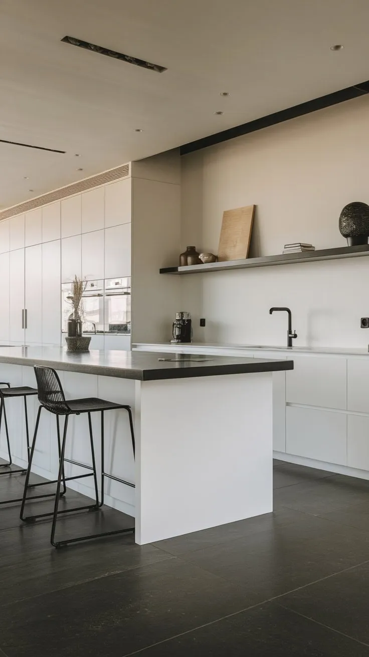 Sleek white and black accents define this modern minimalist kitchen's sophisticated design