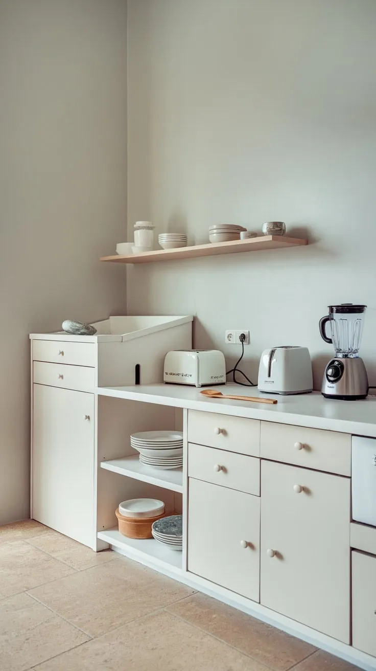 A minimalist white kitchen exudes calm with its simple cabinetry, integrated appliances, and light grey walls.