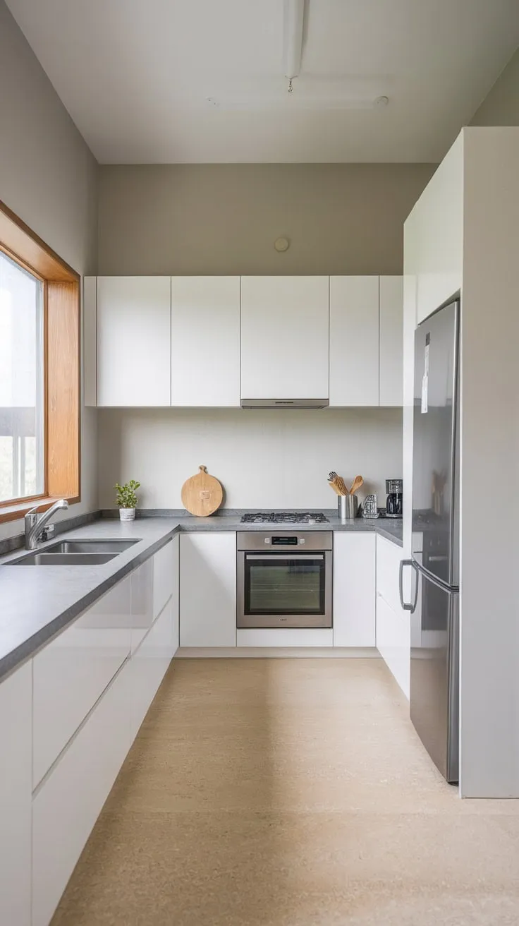 A minimalist kitchen design features white cabinets, grey countertops, and beige tile flooring, creating a bright and airy space.