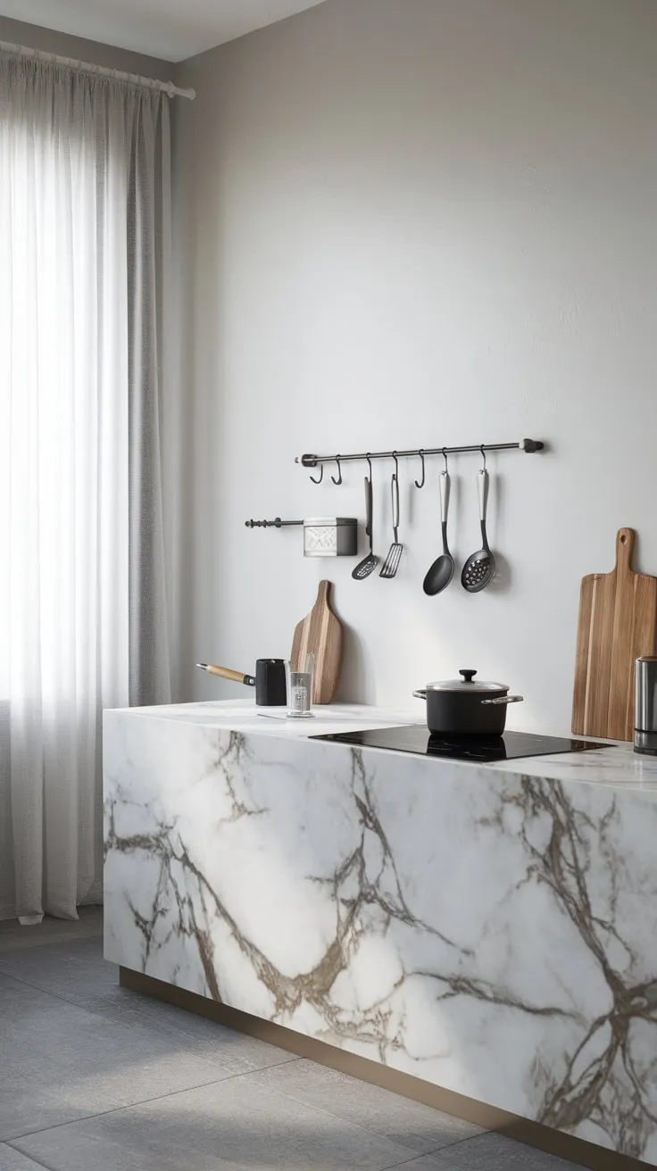 Clean lines and natural materials define this minimalist kitchen's serene aesthetic
