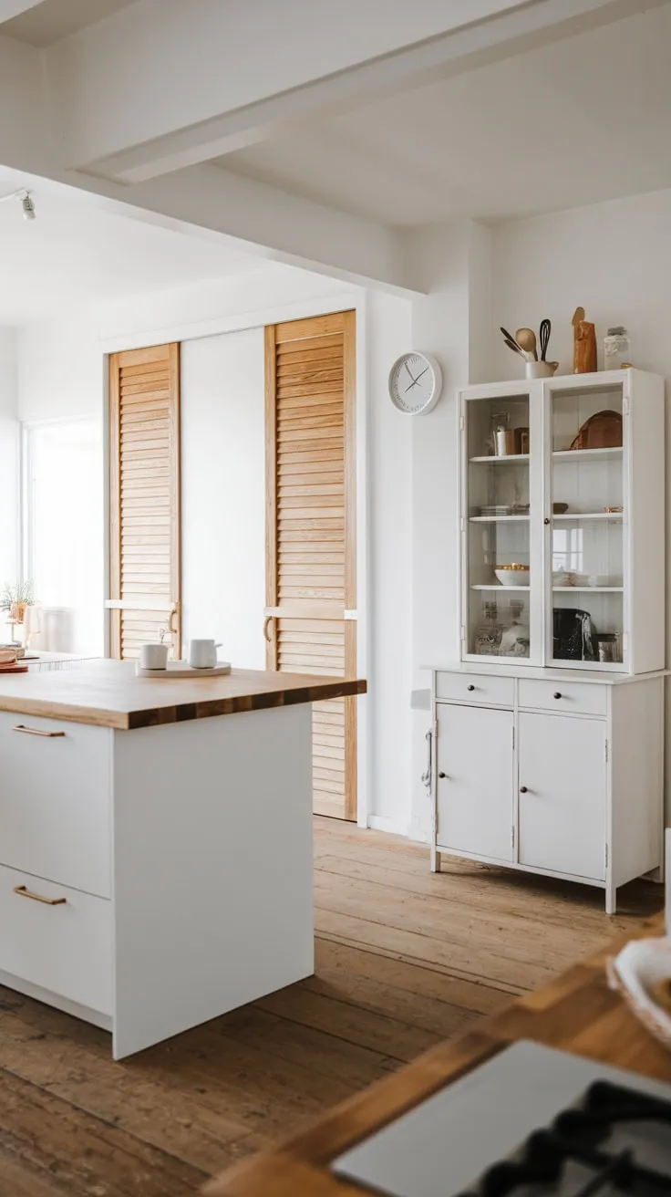 A sunlit modern kitchen showcases a minimalist design with white cabinetry, a wood-topped island, and warm wooden floors.