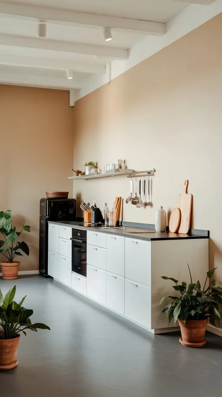 Sleek white cabinetry, black accents, and pops of greenery create a bright, minimalist kitchen haven.