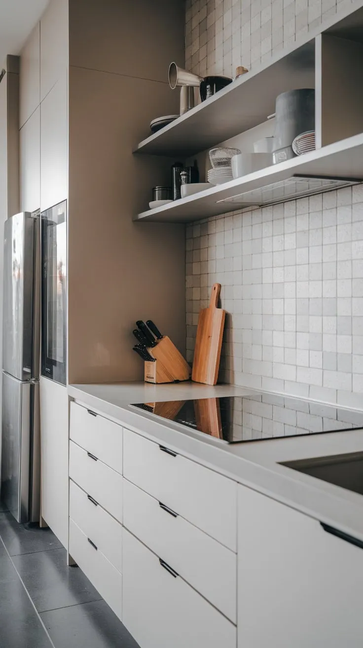 Sleek white cabinets, grey tiles, and a minimalist design create a modern kitchen perfect for culinary simplicity