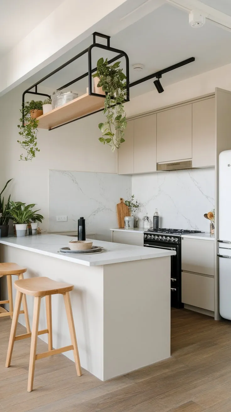 A modern minimalist kitchen design features light grey cabinets, white marble countertops, and pops of green against a warm wood floor.