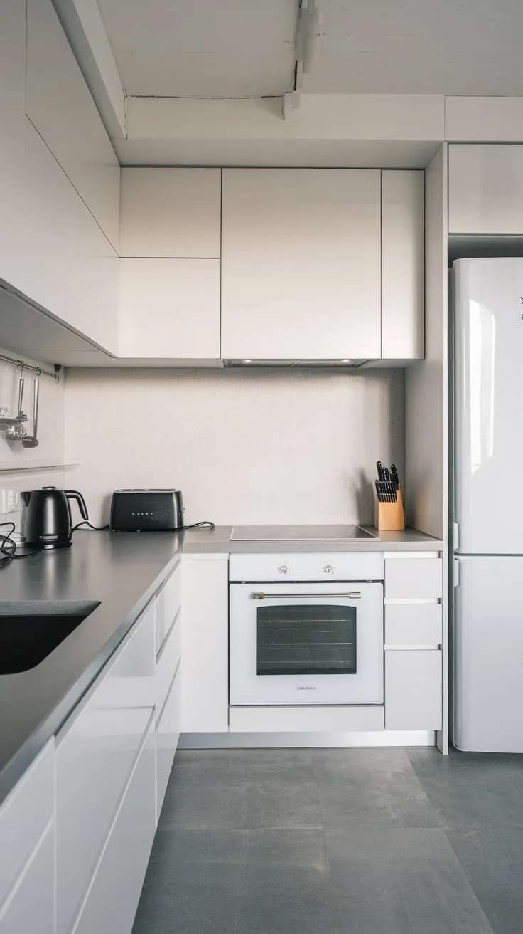 A minimalist kitchen's clean lines are highlighted by grey countertops, white cabinets, and understated black accents.