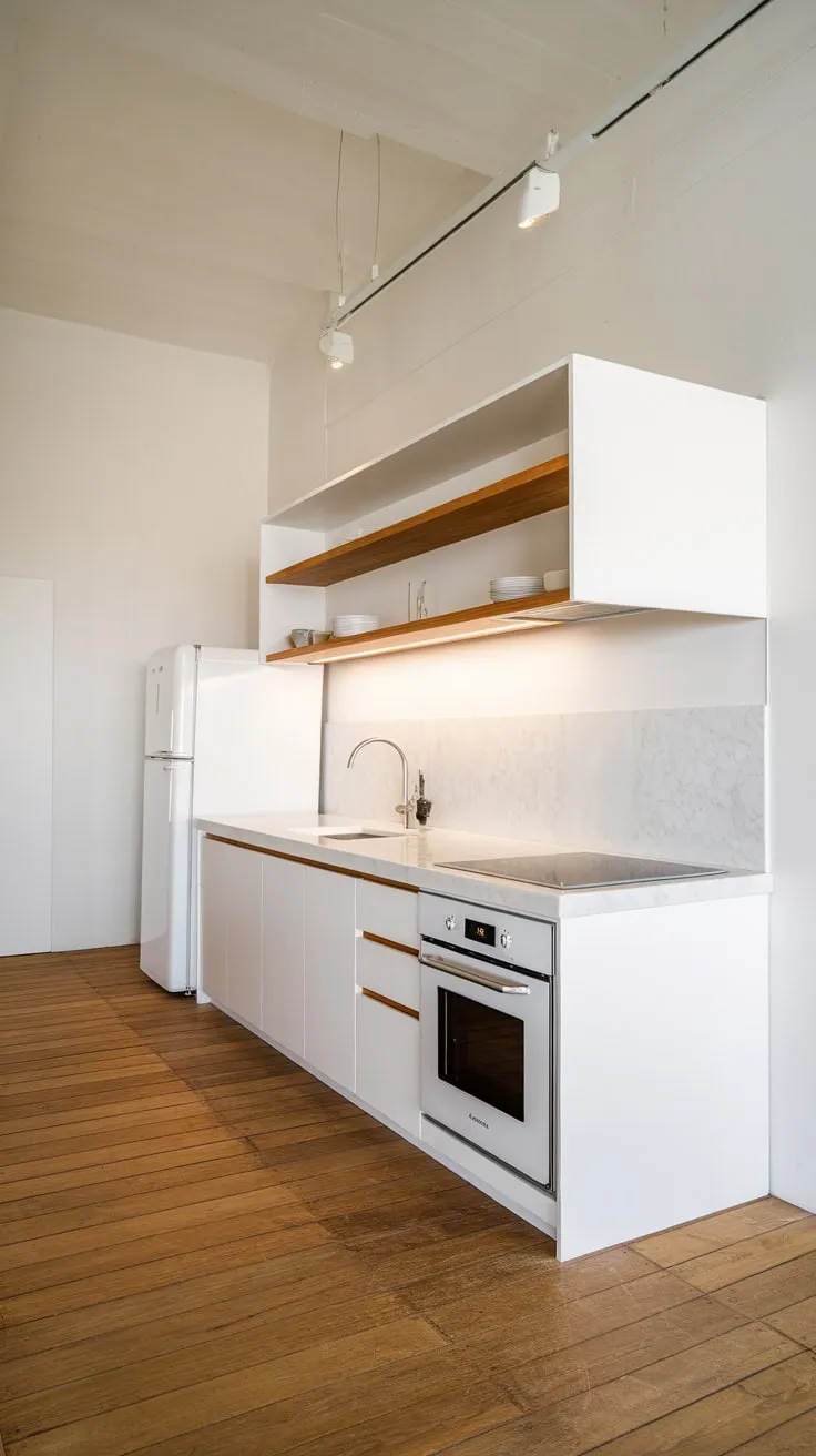 Bright white cabinetry, warm wood accents, and gleaming marble countertops define this modern minimalist kitchen's sleek aesthetic