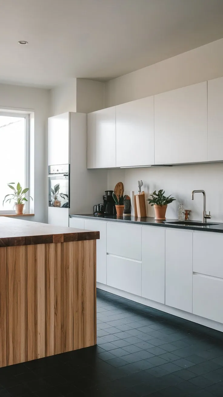 A modern kitchen's minimalist design is accented by a wooden island and pops of greenery against a backdrop of black and white.