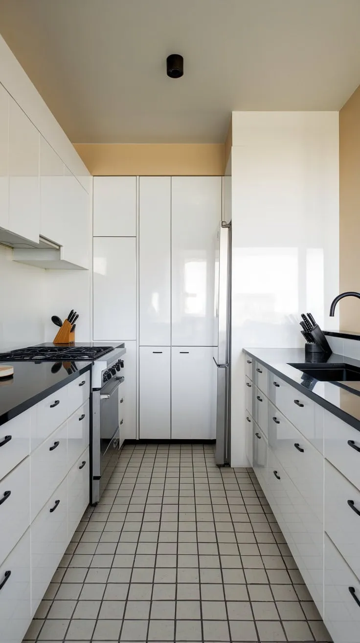 A black and white tiled floor complements the stark elegance of this modern minimalist kitchen design.