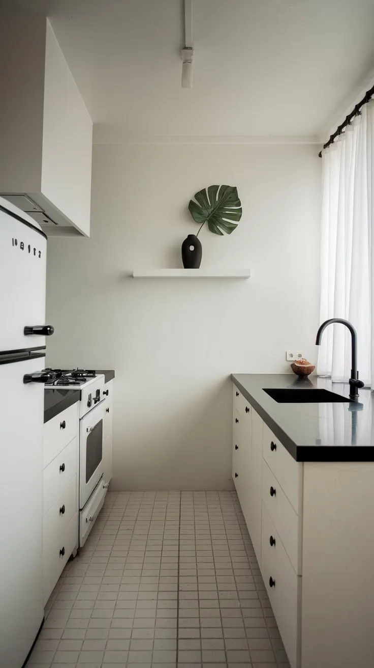 A modern kitchen's stark white and black design is punctuated by greenery and natural light.