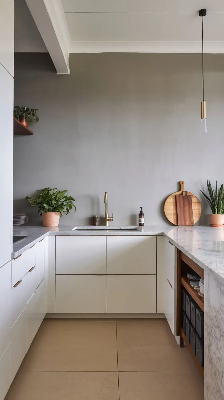 Sleek grey and white minimalism defines this modern kitchen, accented by marble and natural wood.
