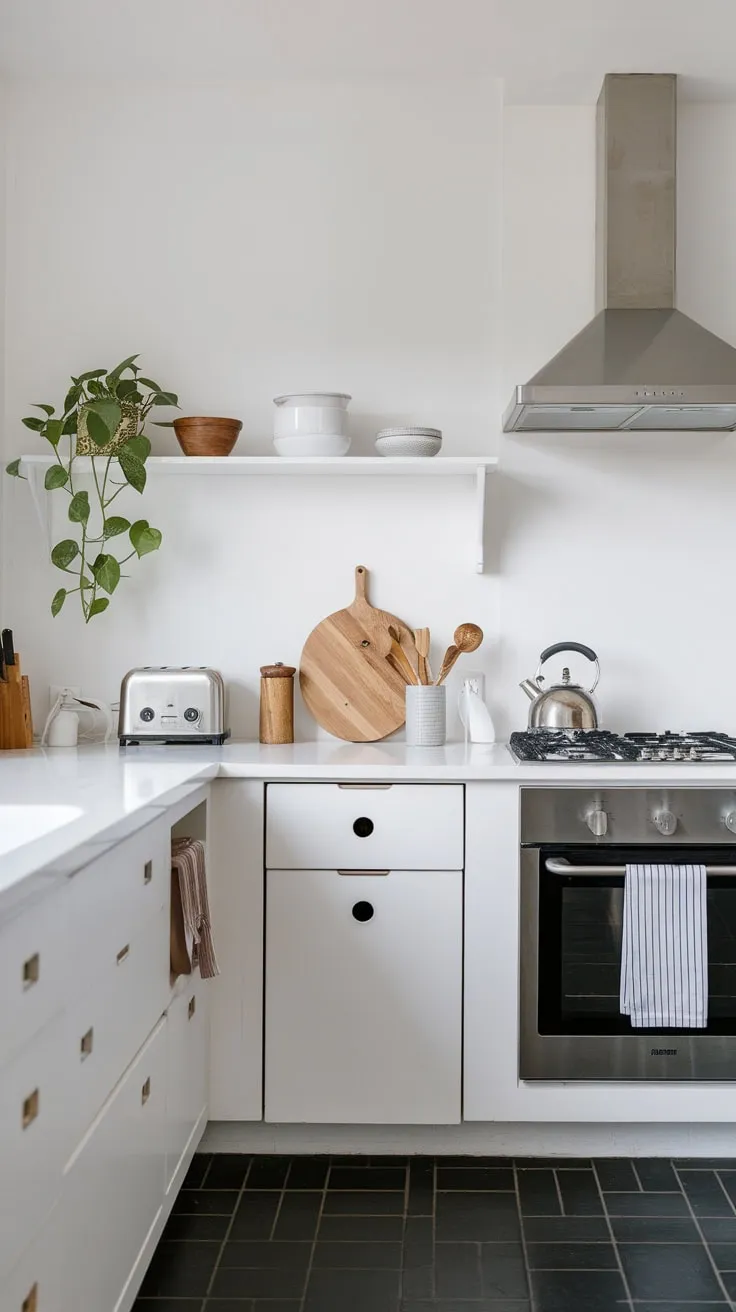 Clean lines, stainless steel, and warm wood accents define this minimalist kitchen's serene aesthetic