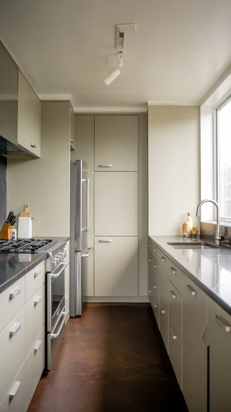Sleek gray cabinetry and dark flooring define this minimalist kitchen's modern aesthetic